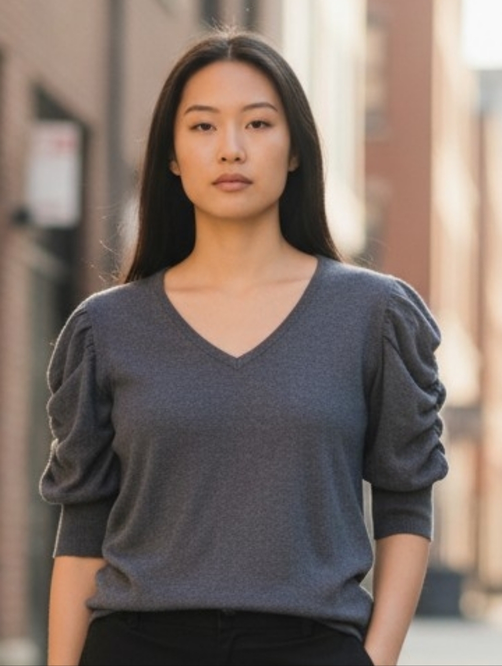 Classic V-Neck Puff Sleeve Sweater - Gray 6038